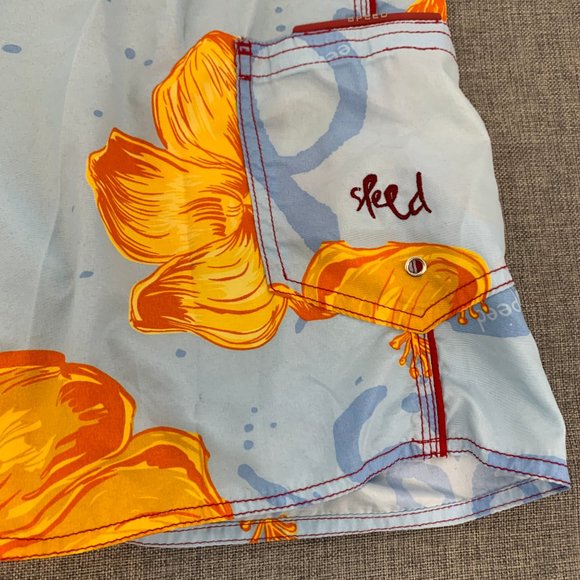 Men's Speed Beach Surf Board Shorts Small Blue Yellow Floral Drawstring - Picture 3 of 14